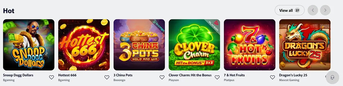 Hot slots carousel showing game tiles for Snoop Dogg Dollars, Hottest 666, 3 China Pots, Clover Charm, 7 & Hot Fruits, and Dragon’s Lucky 25 with “View all” and navigation controls.