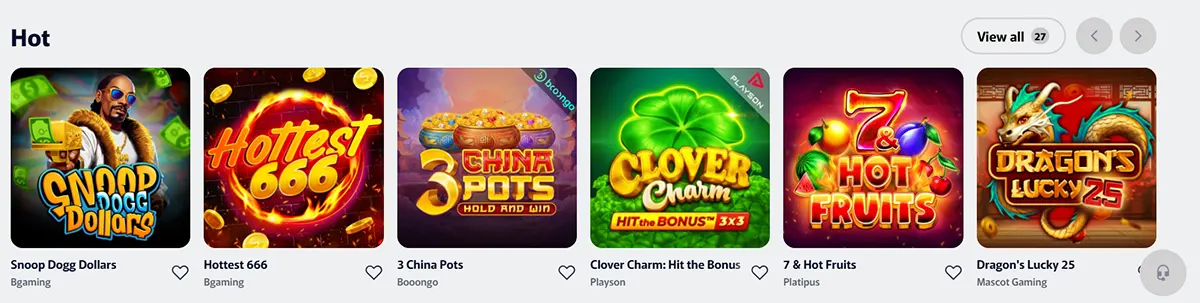 Hot slots carousel showing game tiles for Snoop Dogg Dollars, Hottest 666, 3 China Pots, Clover Charm, 7 & Hot Fruits, and Dragon’s Lucky 25 with “View all” and navigation controls.
