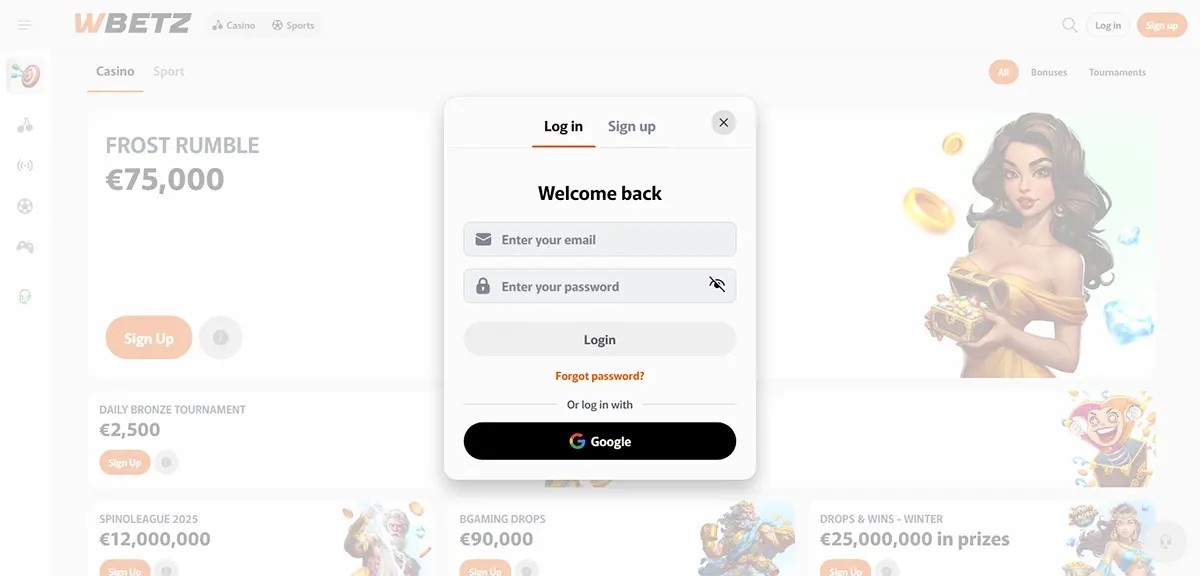 WBETZ casino homepage screenshot showing a centered “Welcome back” login pop-up with email/password fields and Google sign-in over a faded promotions page with a female character illustration.