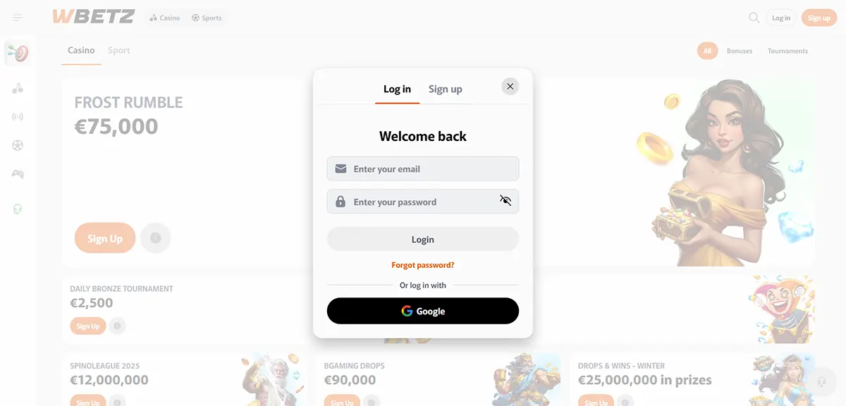 WBETZ casino homepage screenshot showing a centered “Welcome back” login pop-up with email/password fields and Google sign-in over a faded promotions page with a female character illustration.
